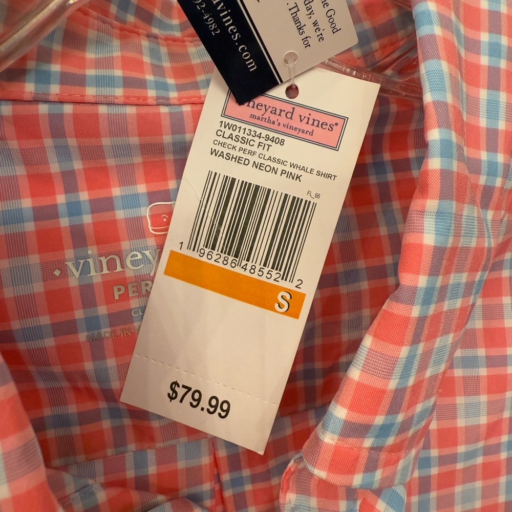 NWT VINEYARD VINES Men's Pink Blue Checkered Performance Shirt, size S - Picture 7 of 7